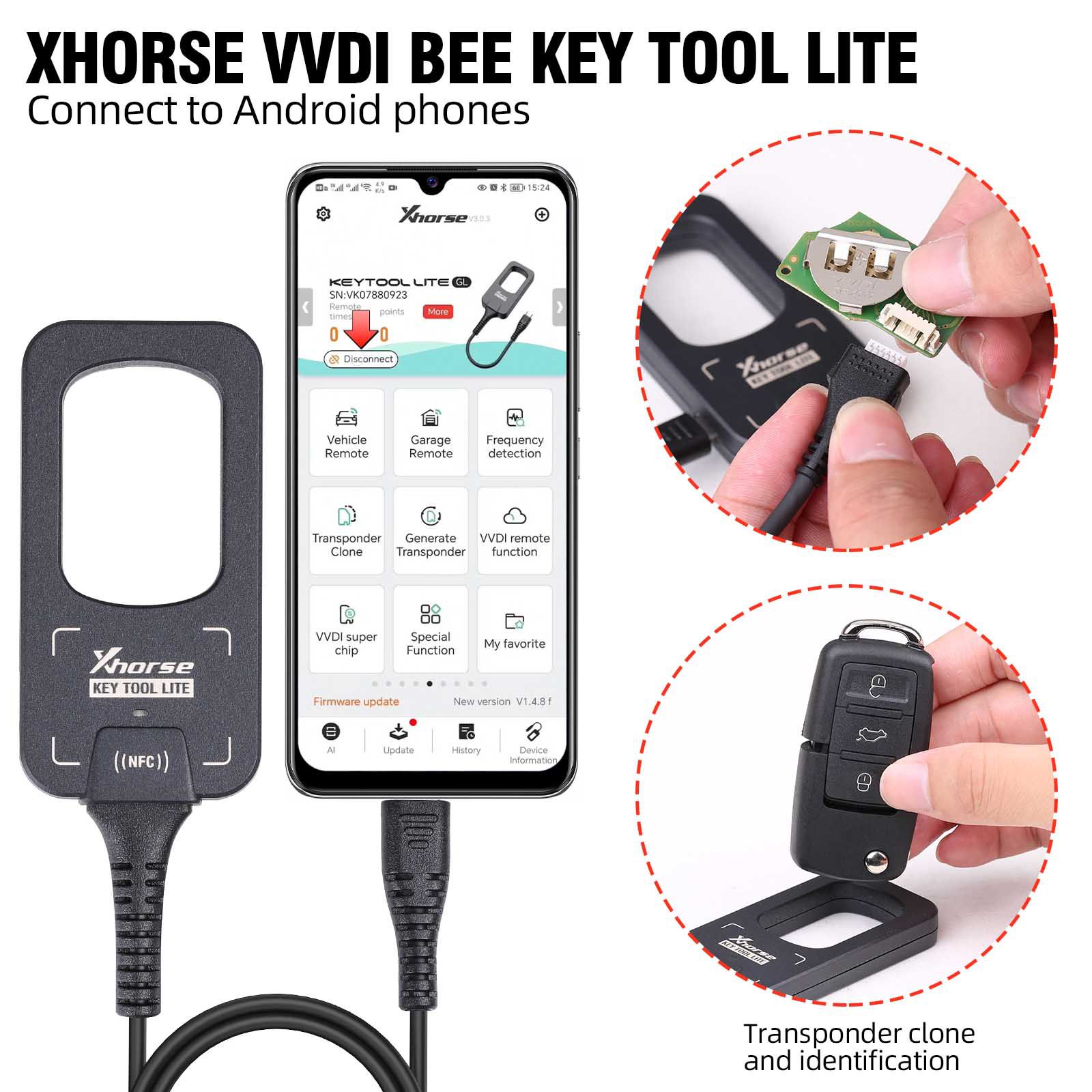 2023 Xhorse VVDI BEE Key Tool Lite Frequency Detection Transponder Clone Work on Android Phone Get Free 6pcs XKB501EN Remotes