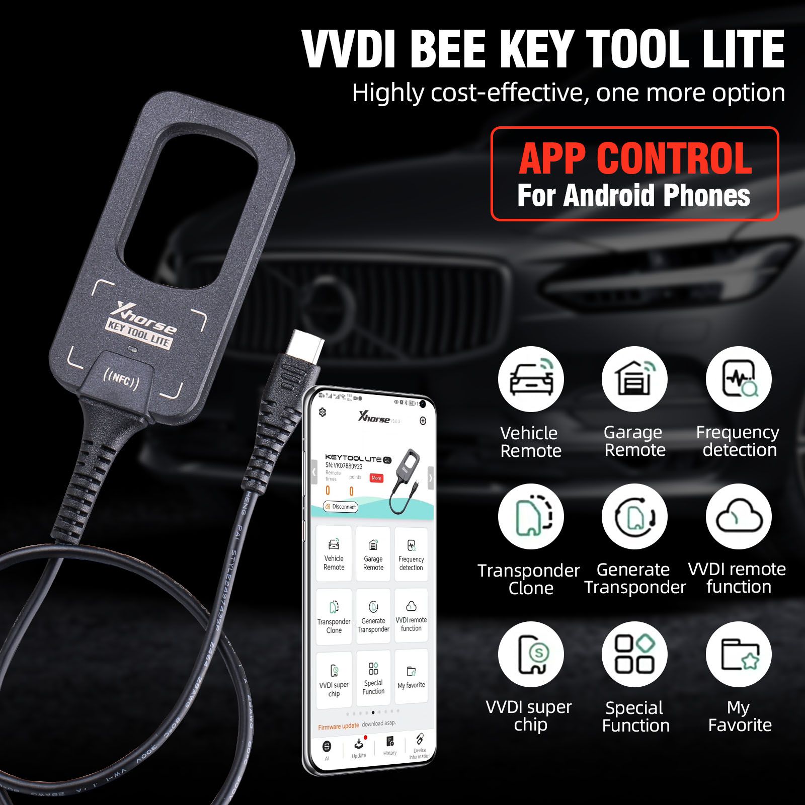 2023 Xhorse VVDI BEE Key Tool Lite Frequency Detection Transponder Clone Work on Android Phone Get Free 6pcs XKB501EN Remotes